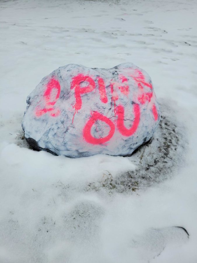 The rock outside of the cafeteria on the JHS campus was painted to celebrate Pink Out.