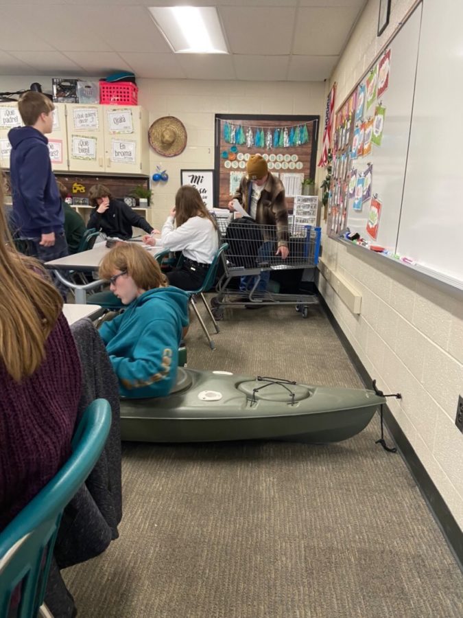A Sophomore from JHS brought in a kayak for Anything but a Backpack Day.