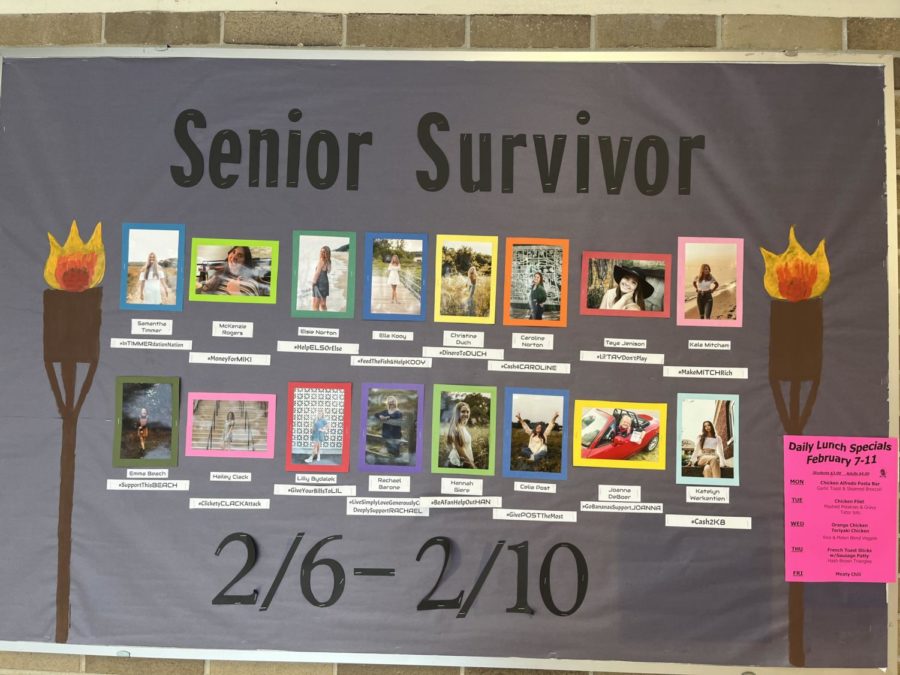 The senior survivor board with pictures of all of the girls competing in senior survivor. The board tells you the dates the girls will be competing and the colors each girl will be represented as. 