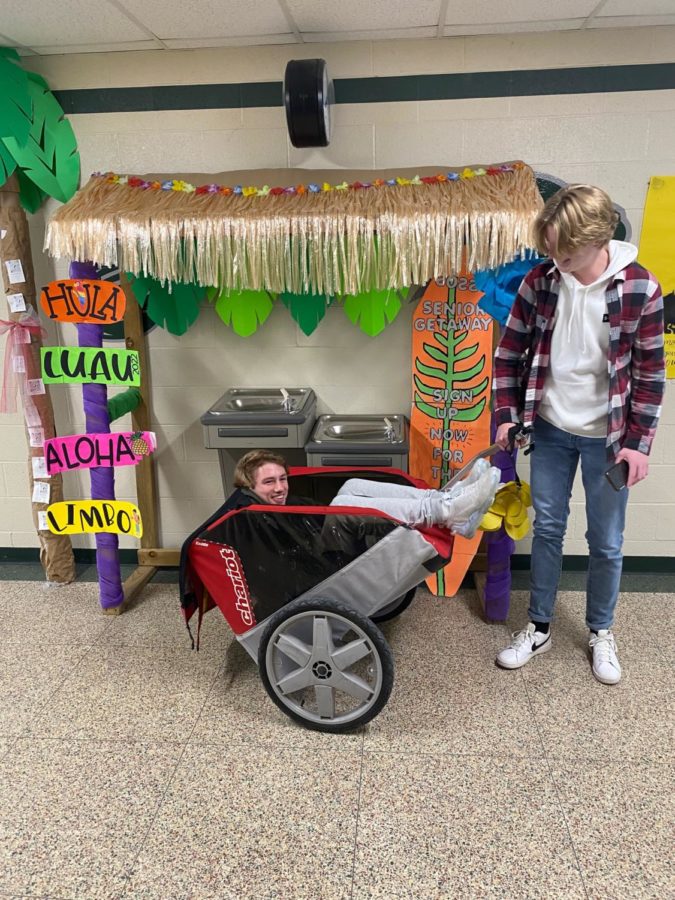Both the seniors Noah DeVries and Jorin Weeldreyer having fun with anything but a backpack day.