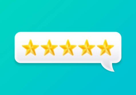 Five star review speech bubble talking customer product review chat.