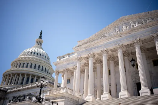The Dome of the U.S. Capitol Building is visible behind the East Front entrance to the Senate Chamber on April 23, 2024, in Washington, DC. 